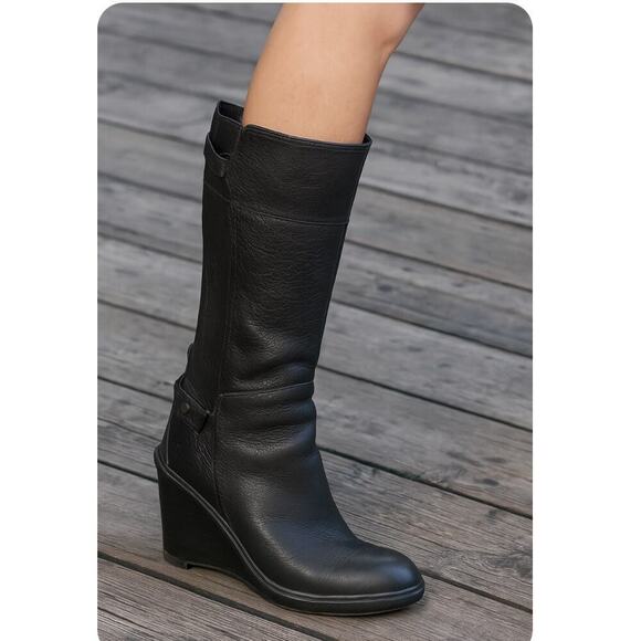 TIMBERLAND Boots Black Wedge Heel Leather knee high buckle detail SZ 9.5 - Picture 1 of 11